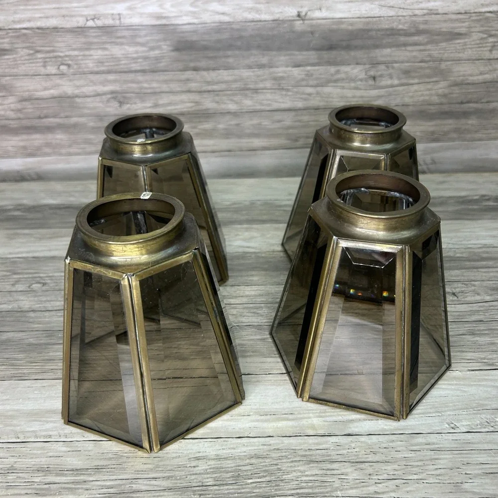 Vintage Brass Beveled Six Panel Clear Glass Shade Globe Replacement READ